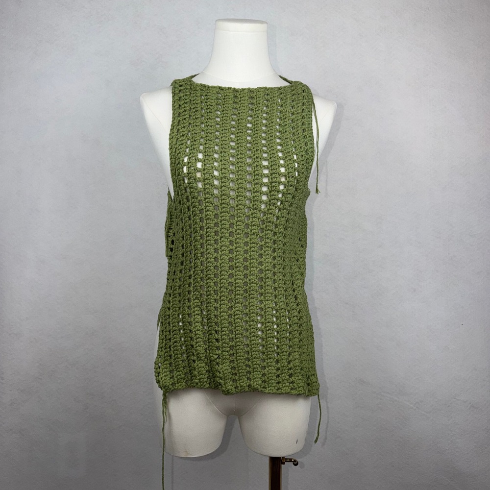 Handmade Crochet Tank Top Women Small Green Open Knit Boho Festival Goblincore